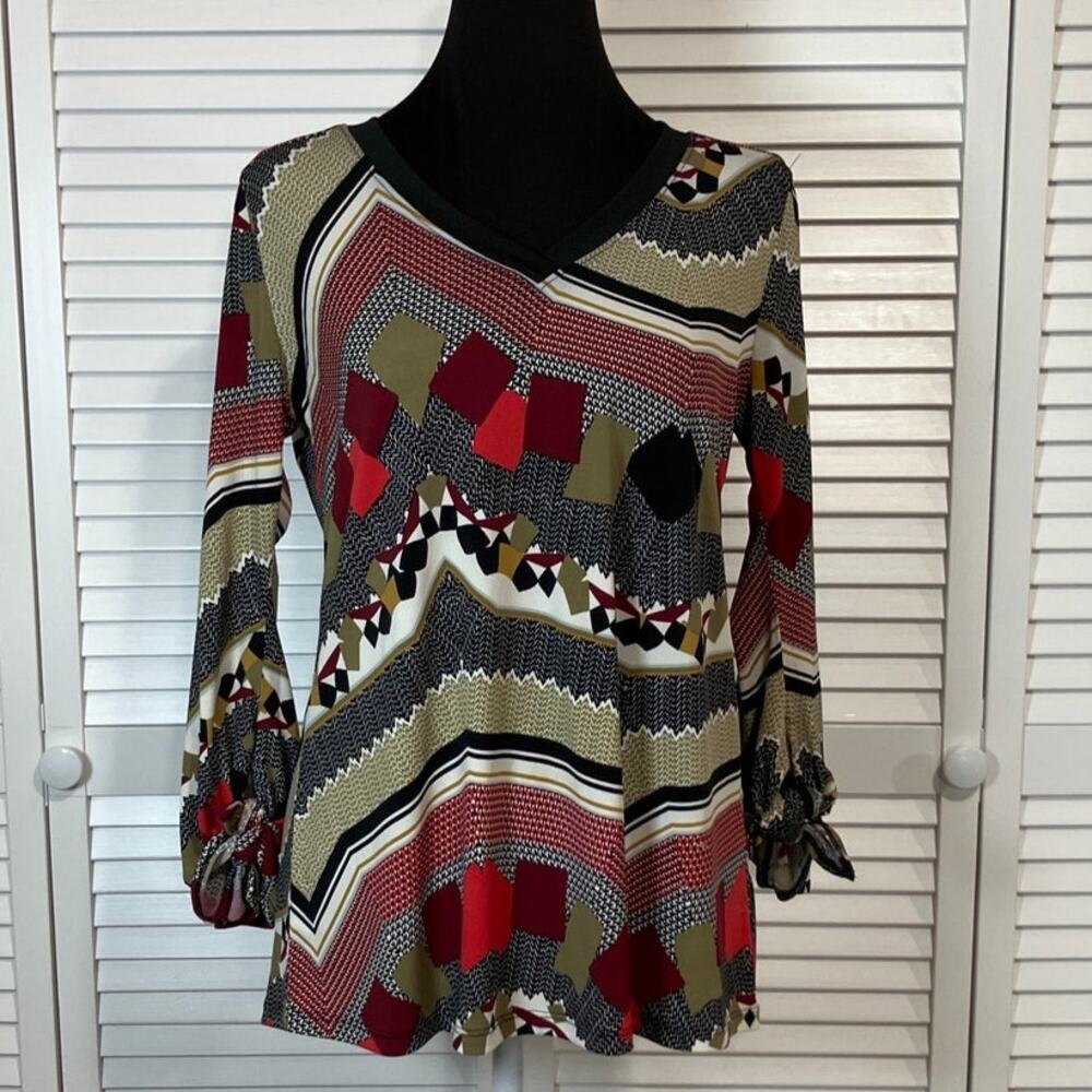 Time Line Retro Abstract Geometric Patchwork Tunic Blouse Women M